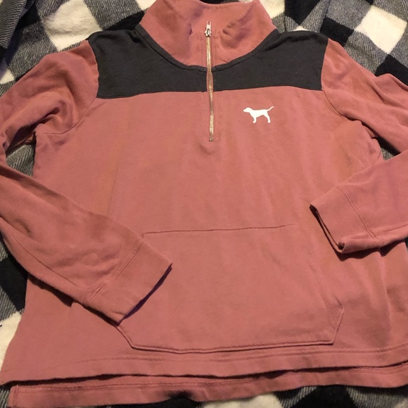 VS PINK Perfect Quarter Zip Color Block Soft Begonia Mauve Sweatshirt Sz M L - Picture 5 of 7